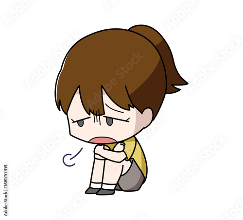 体育座りでため息をつく女子のイラスト
