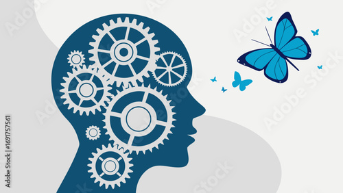 Gears within a human head silhouette with butterflies flying out
