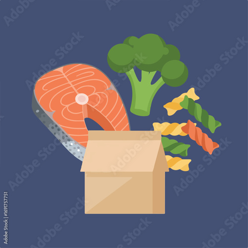 A digital illustration shows salmon, broccoli, and rotini pasta spilling out of an open, tan-colored cardboard box against a solid blue background.