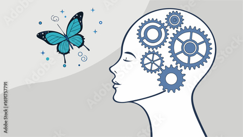 Butterfly inspiration interacting with gears in a human head