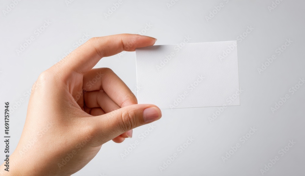 Obraz premium A person holds a small blank rectangular white card between their fingers against a light gray background
