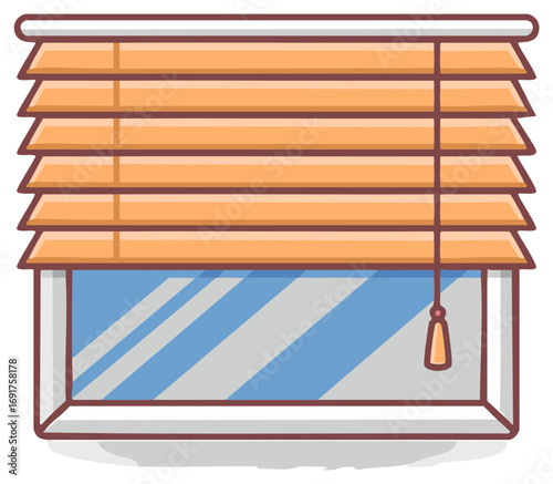 Orange horizontal window blinds partially covering a blue sky reflection