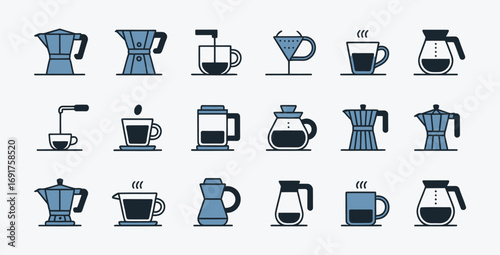 Coffee brewing methods flat vector icon set assorted collection isolated background