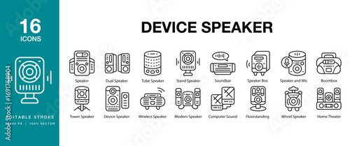 Device Speaker icon set. Includes speaker, device, voice, sound, equipment, and More. Editable Stroke Icon Collection.