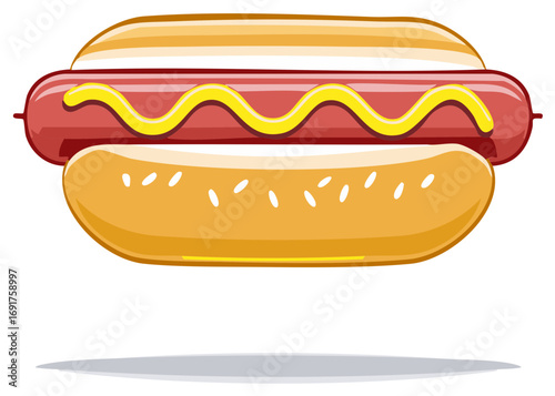 Vibrant cartoon hot dog with squiggle mustard in a golden bun, fast food icon