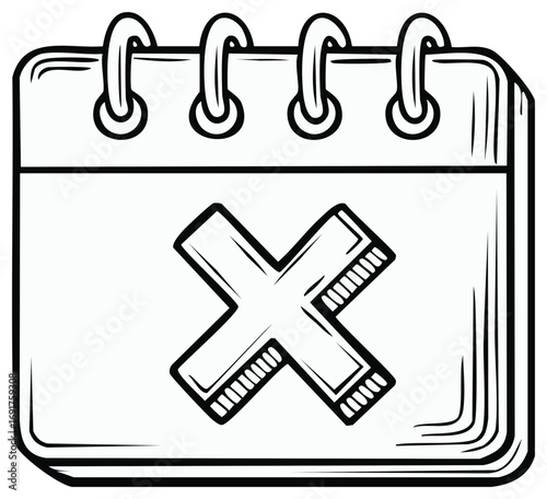 Black Outline Drawing of Calendar with X Mark Symbolizing Schedule Cancellation or Deadline Missed