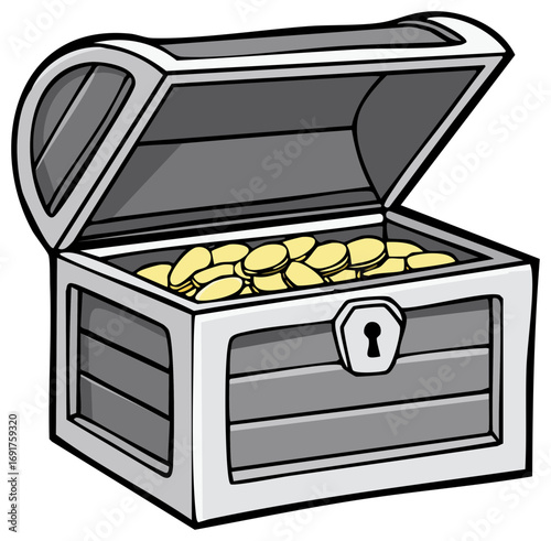 Cartoon illustration of an open silver treasure chest full of golden coins