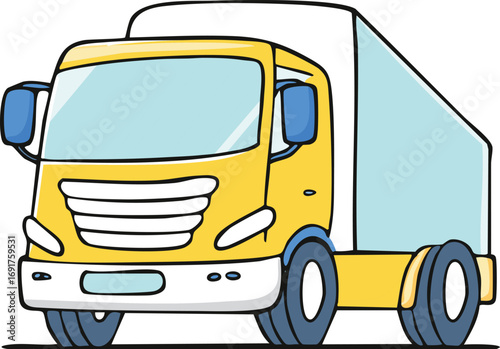 A cartoon illustration of a yellow delivery truck with a white cargo container, viewed from the front.