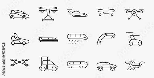 Collection of future transportation methods in thin line style icons