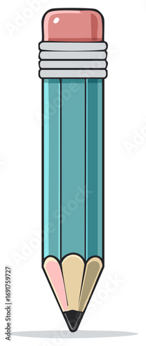 Cartoon style pencil illustration with eraser and sharp point for drawing and writing