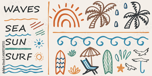 Collection of hand drawn summer beach vacation elements including waves sun palm trees surfboards and beach chair