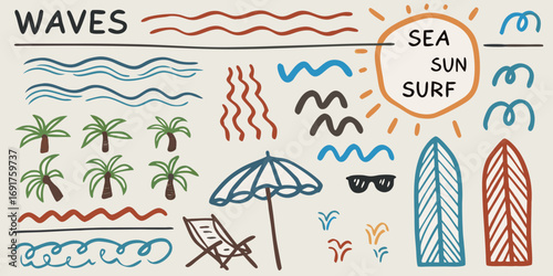 Hand drawn beach and surf elements featuring waves palm trees sun and surfboards