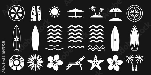 Collection of white summer beach icons and symbols on a black background
