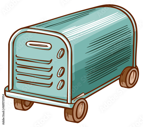 Cartoon style illustration of a teal and brown welding machine on wheels
