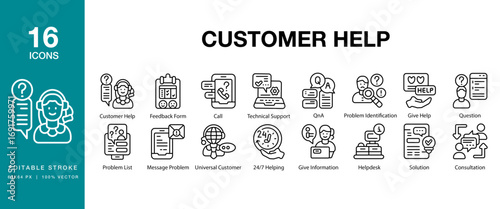 Customer Help icon set. Includes service, customer, help, call, office, and More. Editable Stroke Icon Collection.