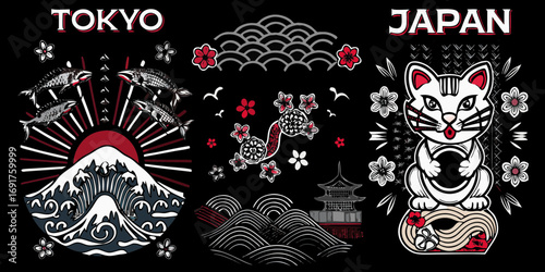 Vibrant japanese cultural motifs including mount fuji cherry blossoms and a lucky cat in a bold graphic style