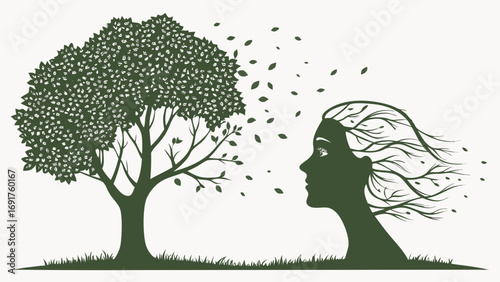 Woman s silhouette merging with a tree and falling leaves