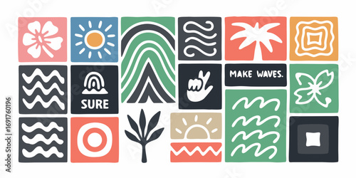 Retro surfing collage with tropical icons and positive affirmations