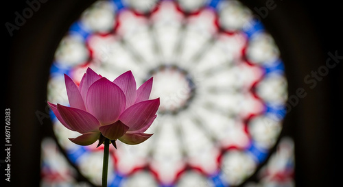 Pink Lotus Flower Against Blurred Stained Glass