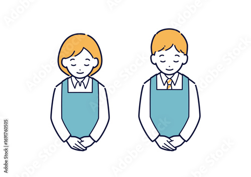 おじぎをするエプロンを着た男女のイラスト