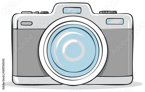 Hand drawn cartoon illustration of a gray vintage style photo camera