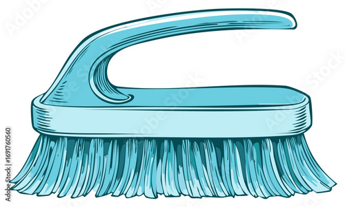 Hand drawn vector illustration of a blue scrubbing brush for household cleaning