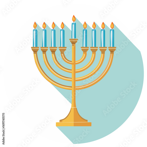 Illustrated menorah with lit candles and a shadow effect