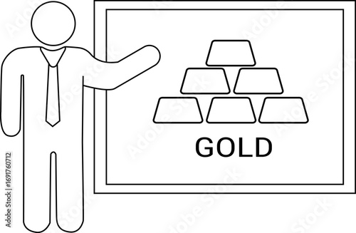 gold bar icon and presentation person icon on white background monitor