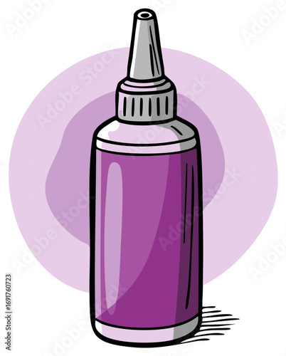 Purple squeeze bottle with pointed applicator cap and stylized background