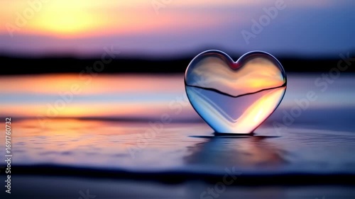 Glass Heart on the Beach at Sunset: Serene and Romantic Coastal Ambiance Depiction
