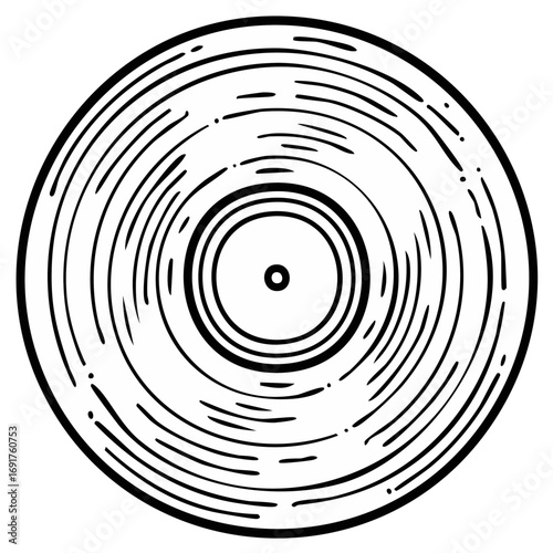 Stylized black and white outline of a vinyl record with circular grooves