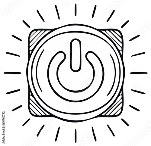 Doodle style drawing of the power on and off button icon switch and symbols