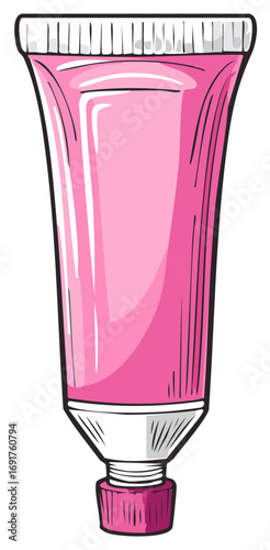Bright pink cosmetic cream tube with white cap and applicator nozzle