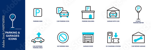 Parking and Garages Blue Colored Outline Icon Set