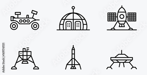 Collection of minimal outline space exploration and lunar mission icons