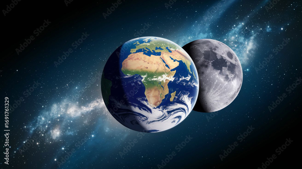 Obraz premium Earth and Moon in Space with Stars and Galactic Background