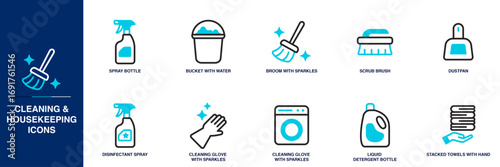 Cleaning and Housekeeping Blue Colored Outline Icon Set