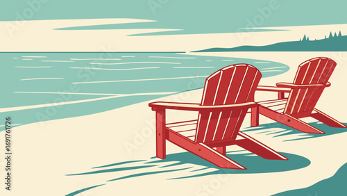 Two red adirondack chairs on a sandy beach facing the ocean