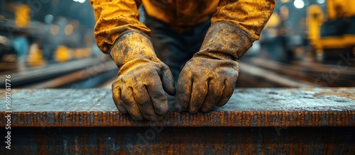Close-up of worker's hands on rusty metal.