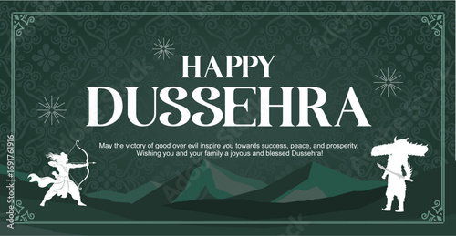 Dussehra Wishes and Typography Vector. Beautiful festive greeting design with Lord Rama and Ravana silhouettes.