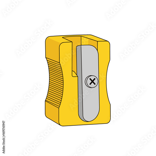 A simple yellow plastic pencil sharpener with a silver blade and screw for office school and art supplies