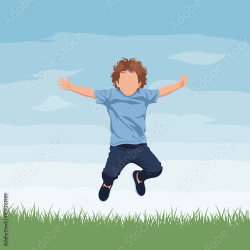 Joyful child leaping high in the air on a sunny day with arms wide open over green grass and blue sky clouds