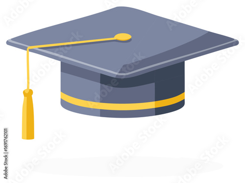 Academic graduation cap with yellow tassel and gold band on a white background