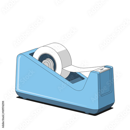 A light blue desk tape dispenser holds a roll of clear adhesive tape ready for use in office or home environments
