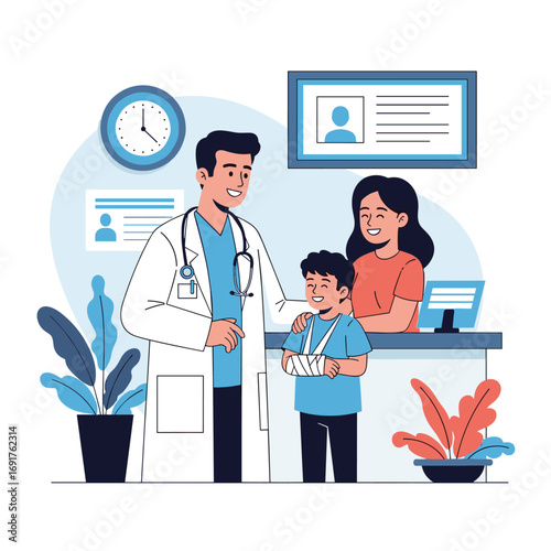 Friendly doctor consulting a young boy with a broken arm and his caring mother at the clinic reception