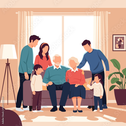 A happy multi-generational family posing together for a cherished moment at home