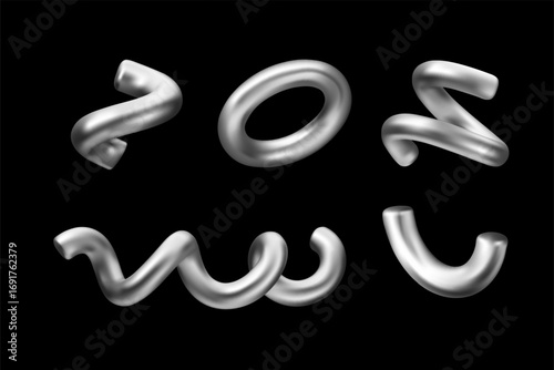 Silver vector 3d spiral set. Abstract shapes collection, spring figures design. Metallic surface effect pipe icon isolated