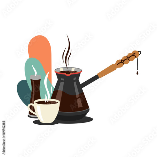 Enjoy a steaming cup of hot coffee prepared in a traditional turkish cezve pot