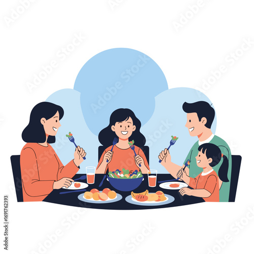Happy family enjoying a delicious meal together around a dining table with fresh food and drinks celebrating a special moment