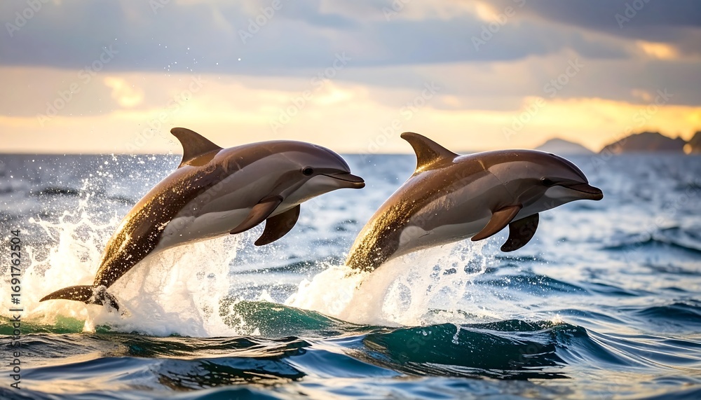 Fototapeta premium Dolphins leaping in sunset ocean